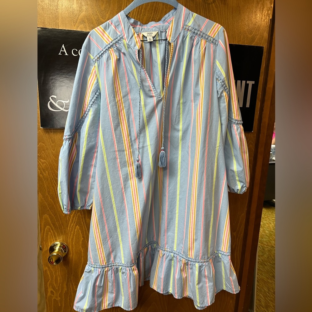 Beautiful Crown & Ivy light blue V neck striped dress